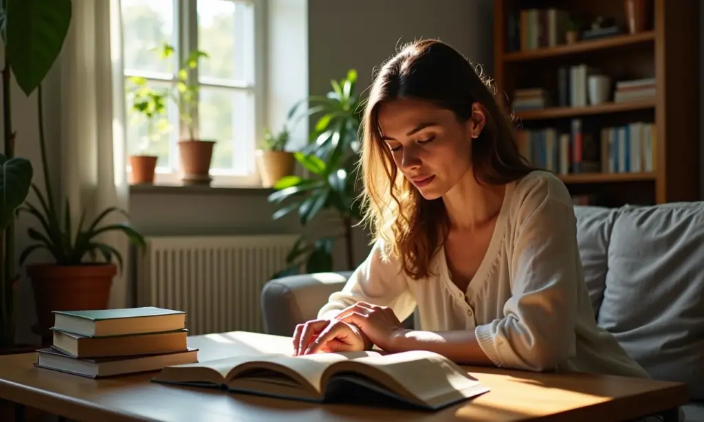 Como Ler Mais Rápido Técnicas de Leitura Dinâmica Mulher lendo rapidamente em casa com luz natural.