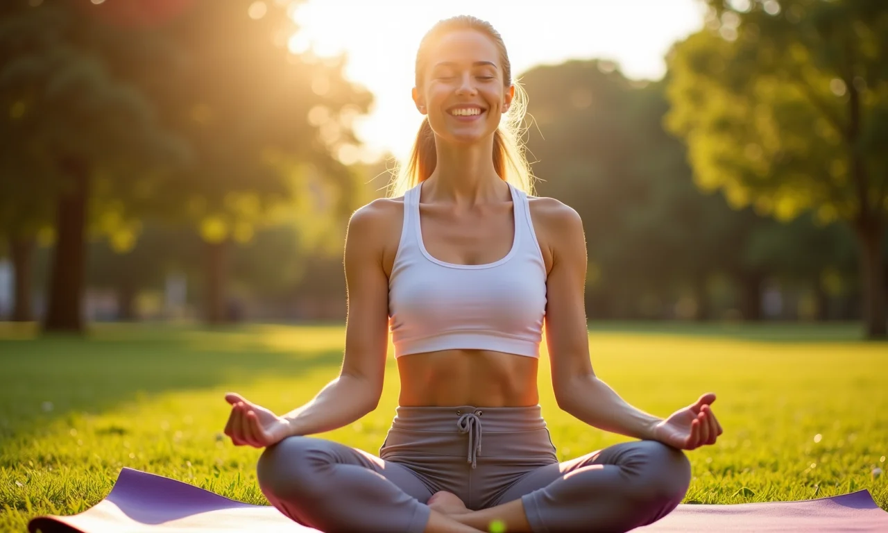 Mulher meditando em um parque, cuidando da saúde mental durante os estudos.