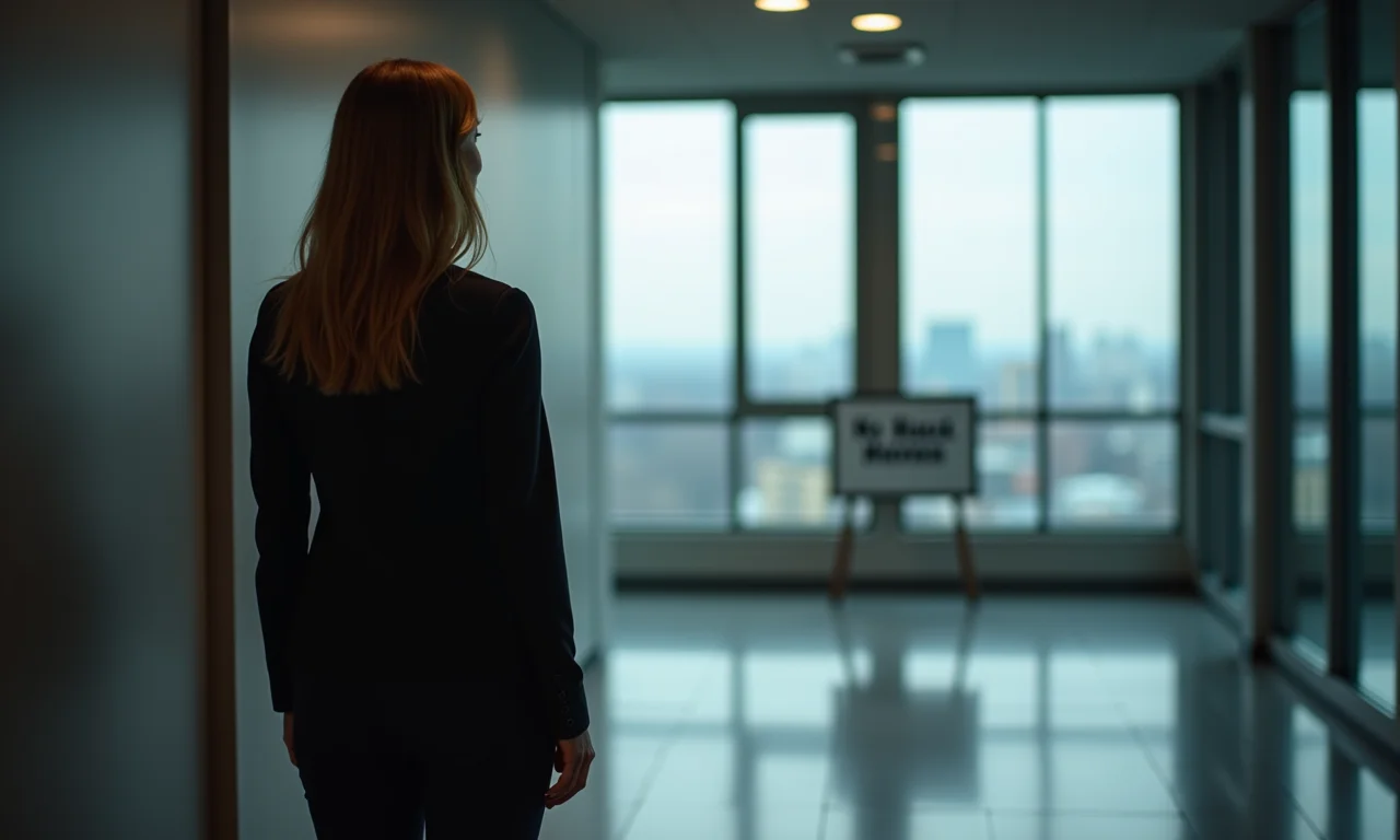 Mulher olhando pela janela em prédio de escritórios vazio, empresa sem bens.