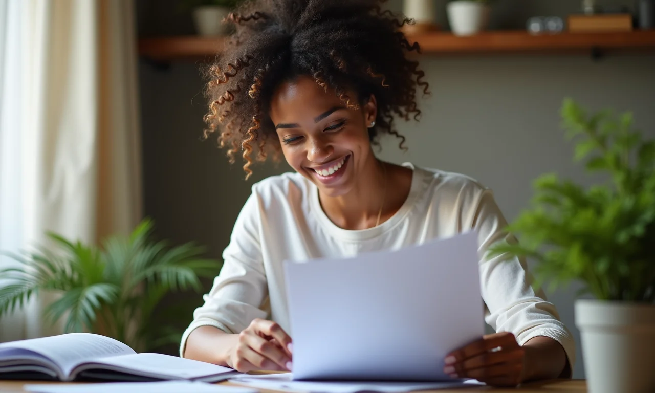 Mulher organiza documentos após consulta bem-sucedida.