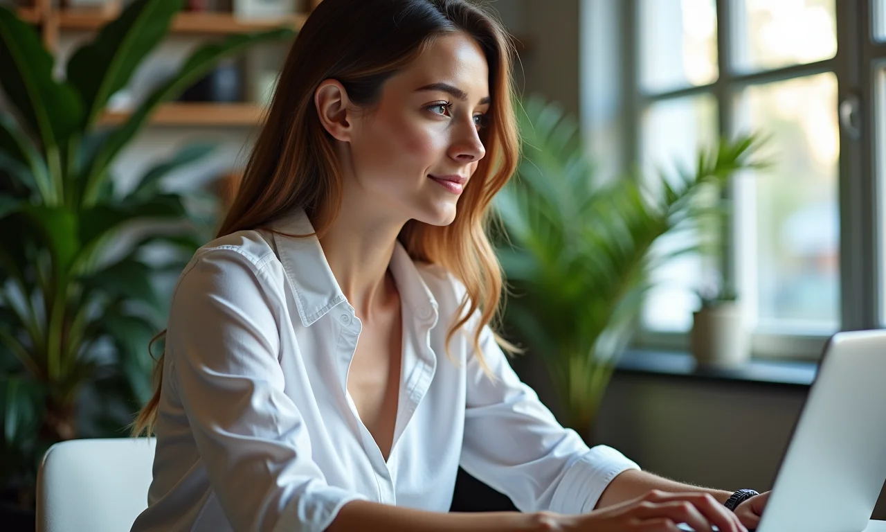 Mulher pesquisando cursos de genética em um computador com decoração brasileira.