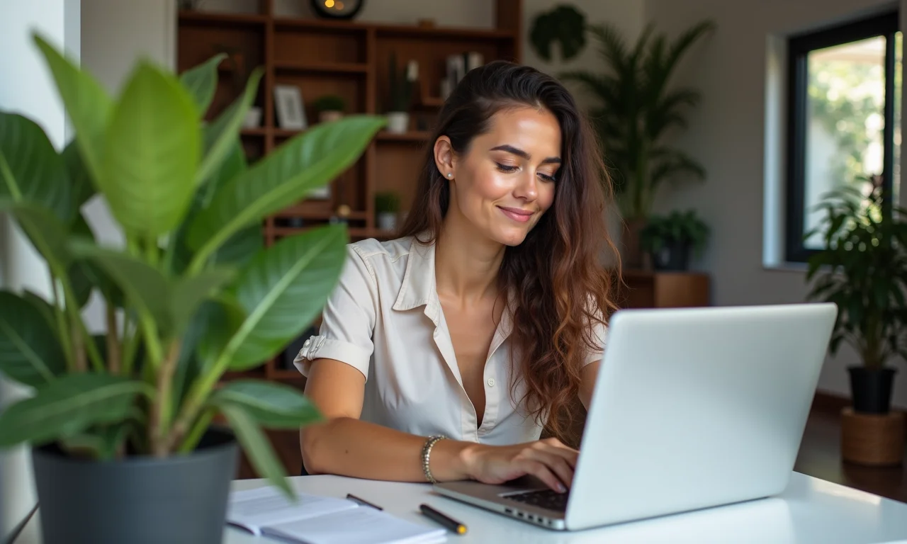 Mulher pesquisando cursos Udemy online em casa.