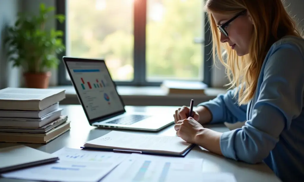 Mulher pesquisando em mesa cheia de livros e artigos, representando revisão bibliográfica sistemática.