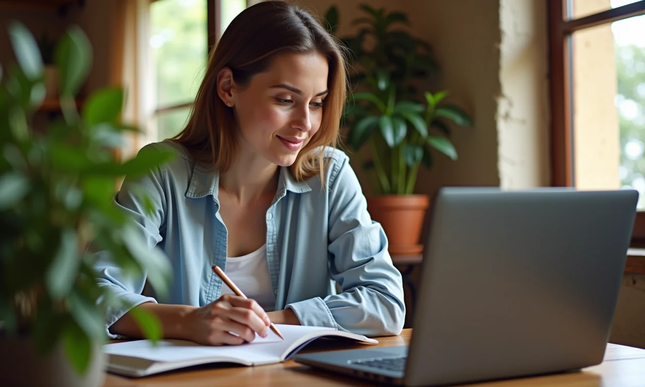 Mulher pesquisando sobre empresa para entrevista em apartamento aconchegante.