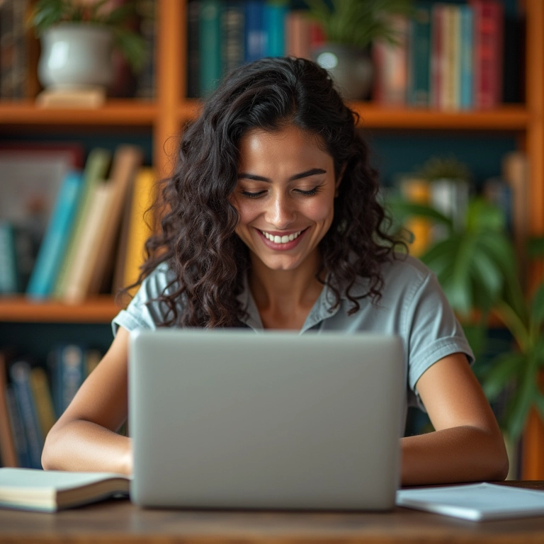 Mulher pesquisando vagas de emprego online para bibliotecas.