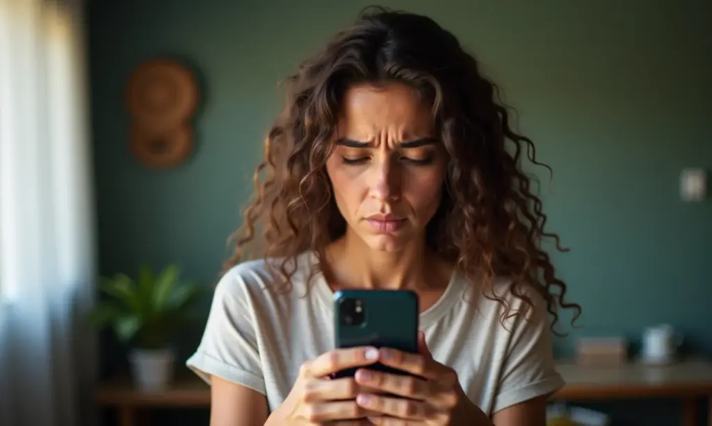 Mulher preocupada olhando o celular com expressão confusa, representando problemas com seguro-desemprego.