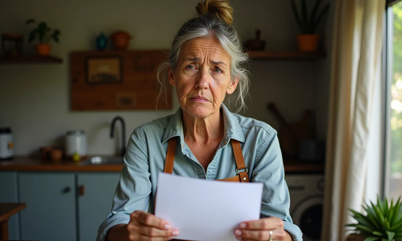 Mulher preocupada olhando para a carteira de trabalho, questionando a falta de assinatura.