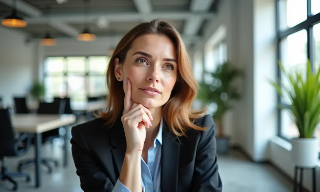 Diferença MBA e Especialização Qual Escolher Para Seu Perfil Mulher profissional ponderando escolha entre MBA e especialização em escritório moderno.