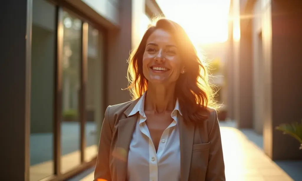 Mulher retornando ao trabalho após reintegração judicial.