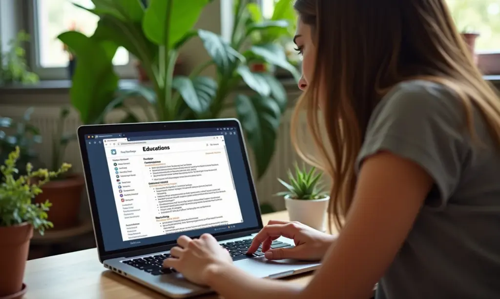 Como Colocar a Formação Acadêmica no Currículo Corretamente Mulher revisando currículo no laptop, seção de formação acadêmica em destaque.