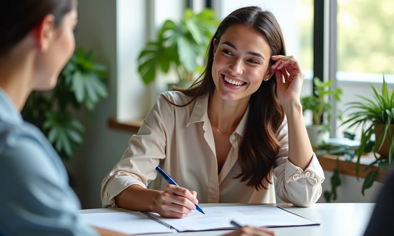 Mulher sorrindo ao assinar a prorrogação do contrato de experiência.
