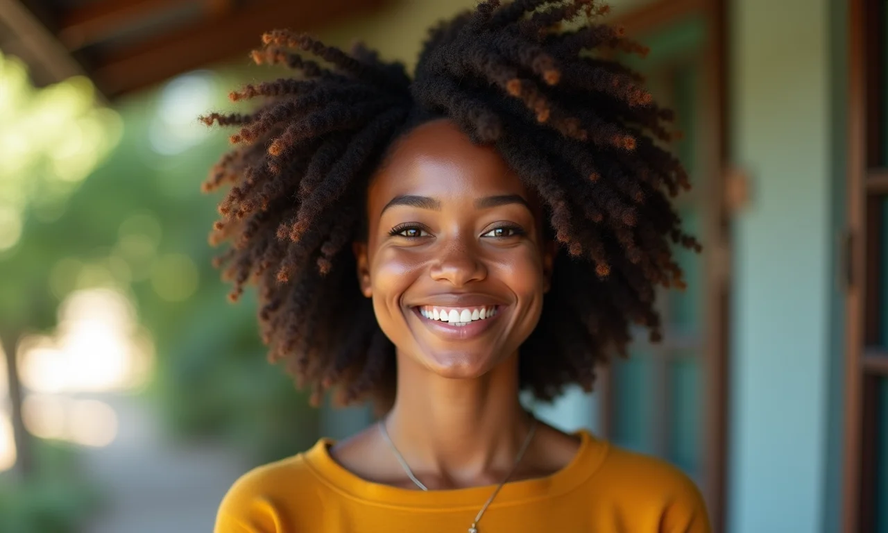 Mulher sorrindo com autoconfiança, cercada por afirmações positivas.