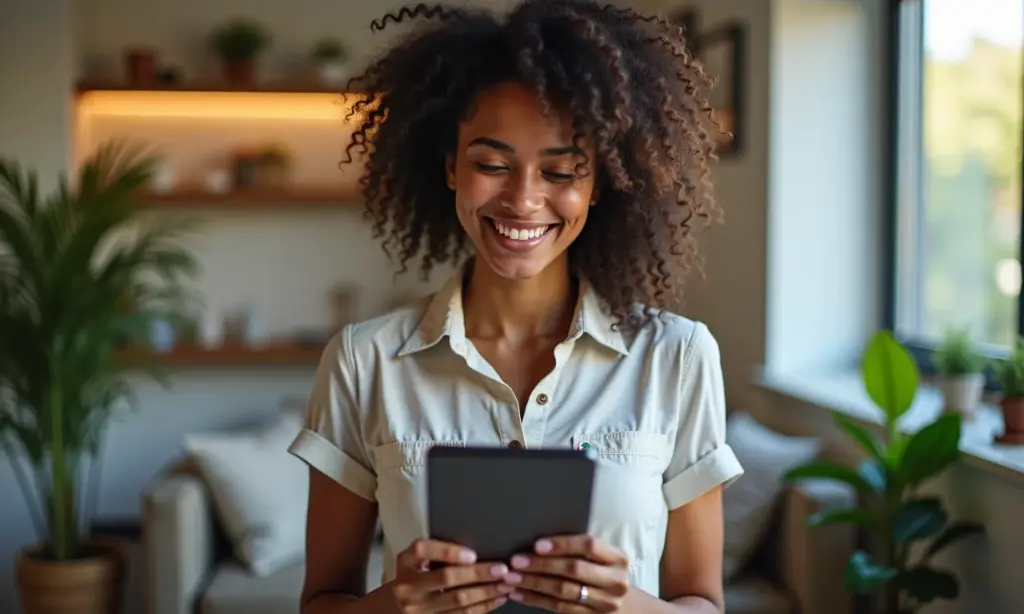 Mulher sorrindo com tablet mostrando informações sobre o PIS/PASEP.