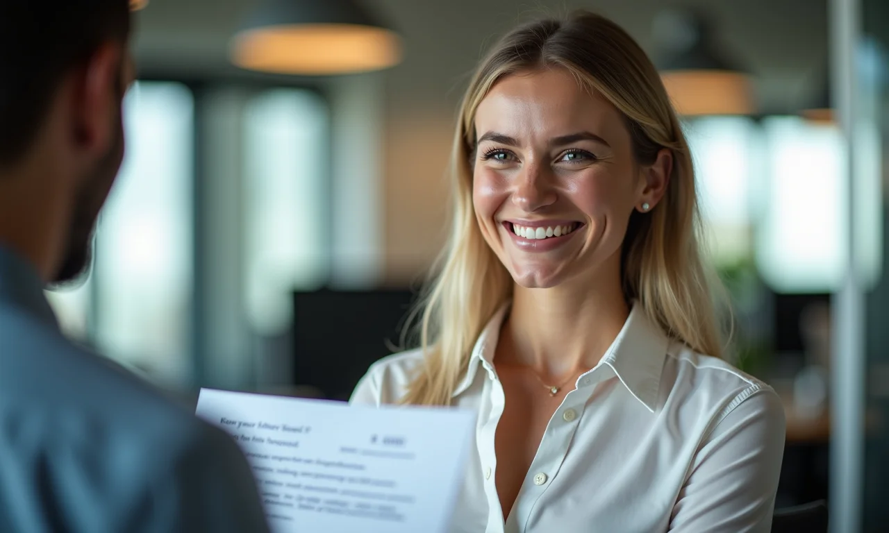 Mulher sorrindo confiante ao receber oferta de salário mais alto.