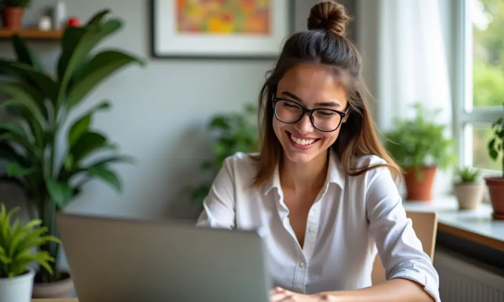 Mulher sorrindo consulta processo trabalhista online no laptop.