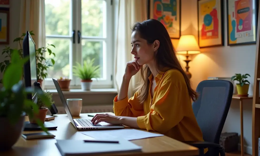 Quem Paga Pelos Equipamentos no Home Office a Lei Responde Mulher trabalhando em casa, analisando documentos em home office ergonômico.