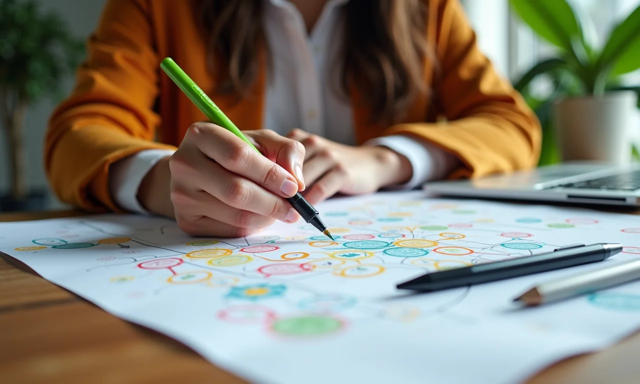Mulher usando mapa mental para anotações em mesa com decoração brasileira.