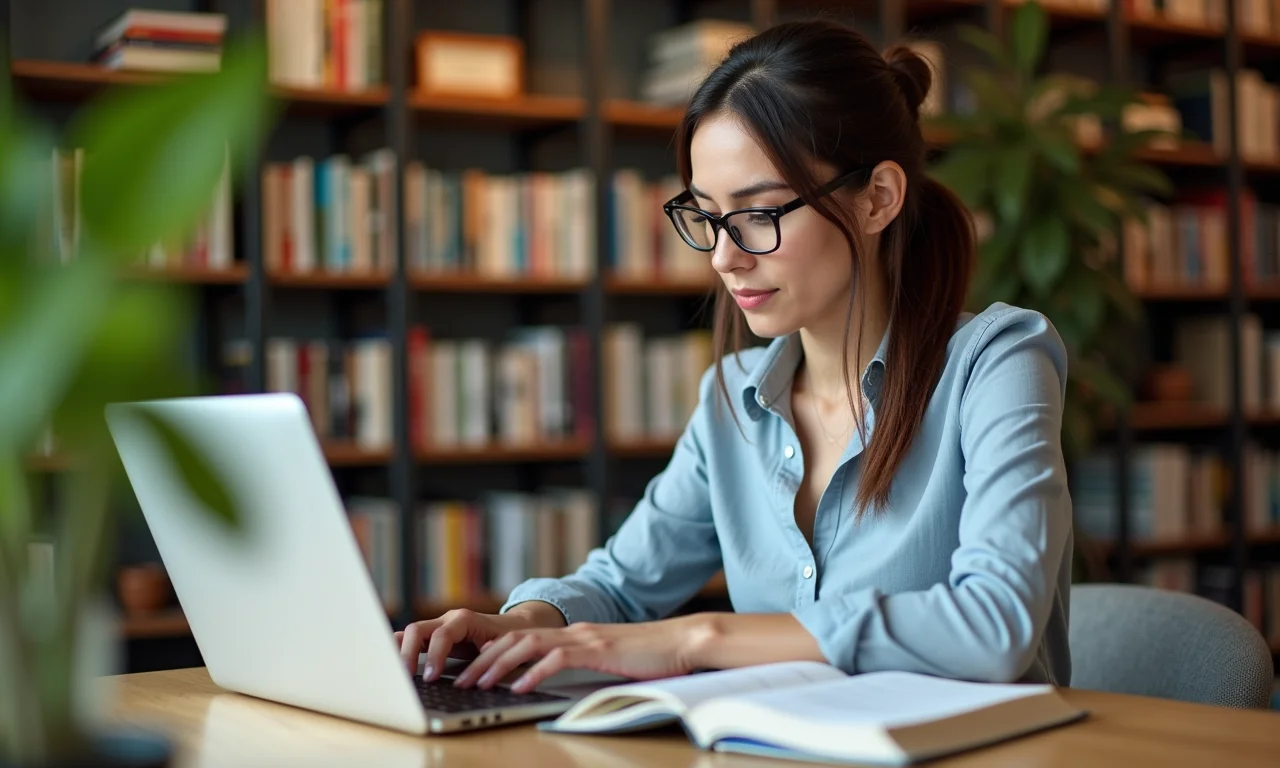 Mulher usando Zotero em laptop, cercada por livros e artigos, gerenciando referências.
