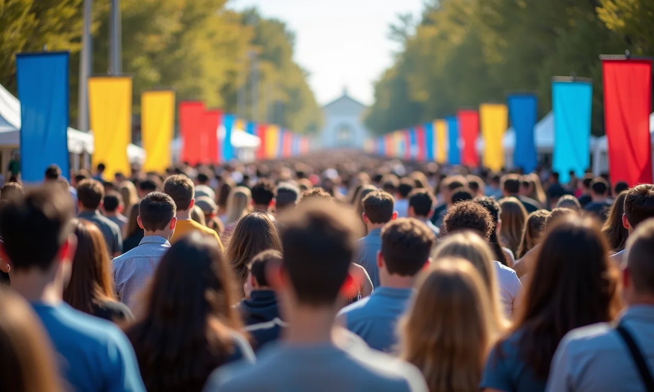 Multidão em feira de profissões explorando opções de faculdade.