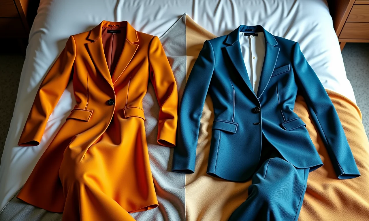 Opções de roupas profissionais dispostas sobre uma cama com tecidos coloridos brasileiros.