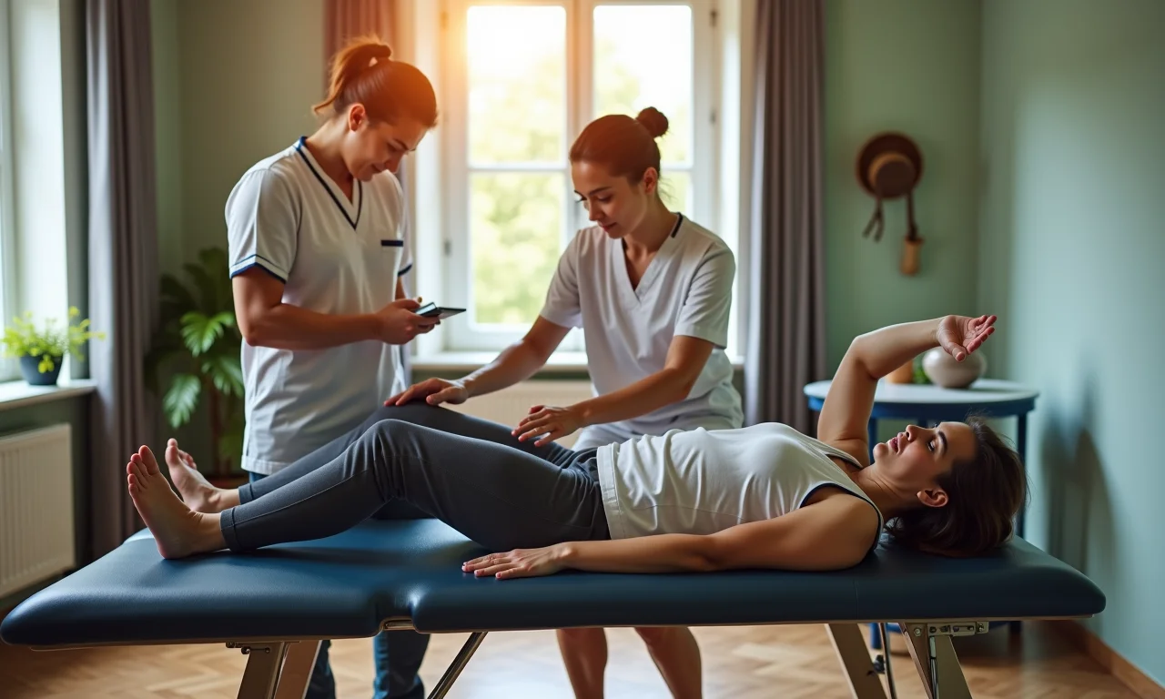 Paciente persistente realizando exercício de reabilitação com fisioterapeuta.