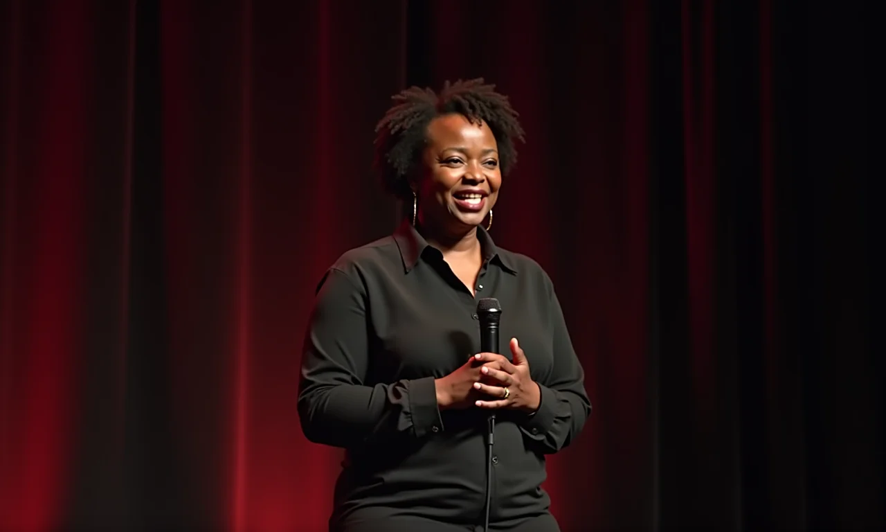 Palestrante compartilhando história pessoal com emoção no palco.