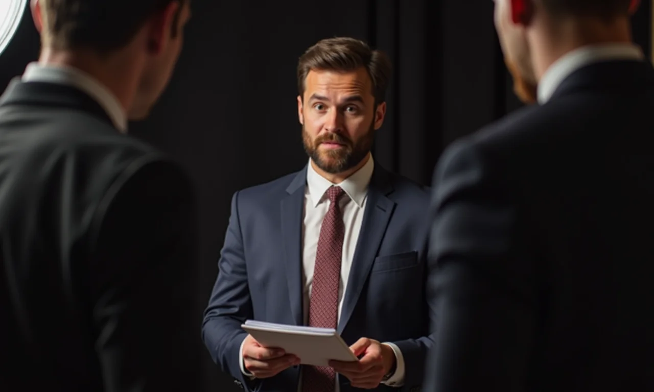 Palestrante concentrado revisando anotações antes de subir ao palco.