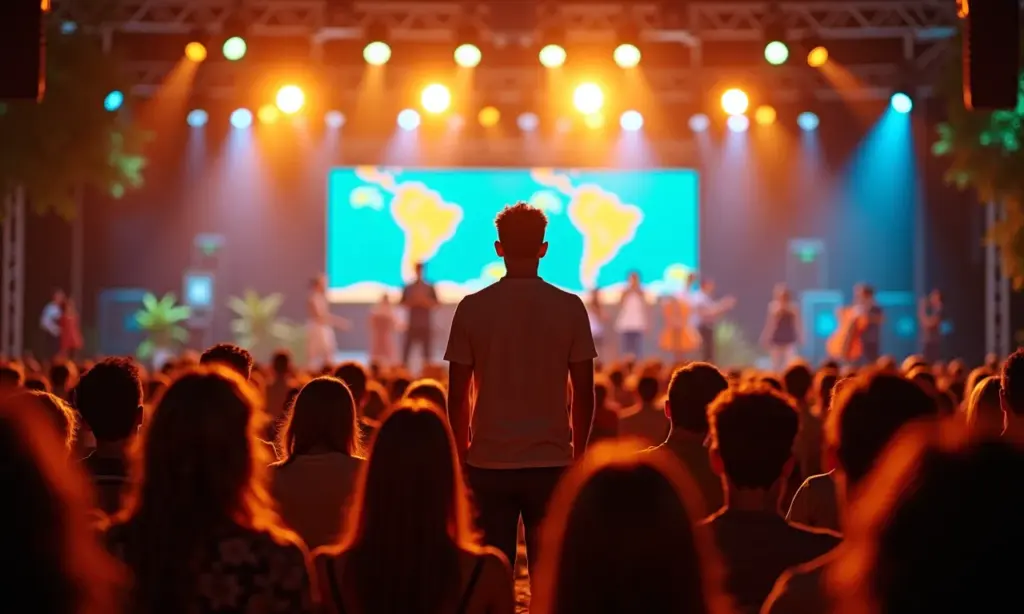 Técnicas de Apresentação em Público Para Encantar a Plateia Palestrante confiante interagindo com o público em palco vibrante.