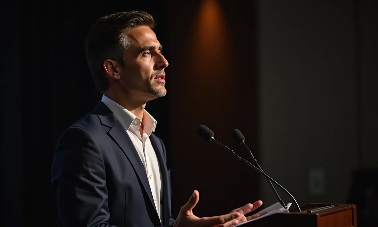 Palestrante fazendo uma pausa estratégica durante apresentação.