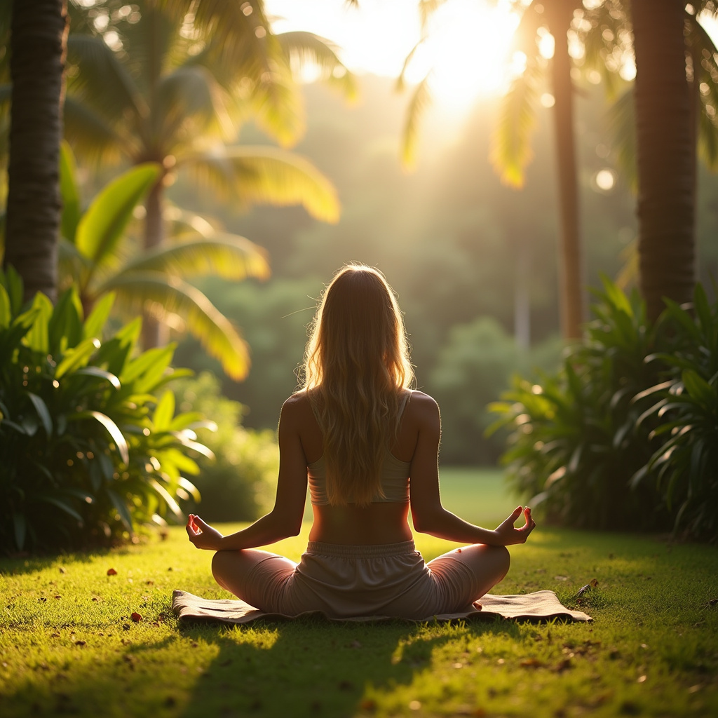 Pessoa meditando em jardim exuberante no Brasil.