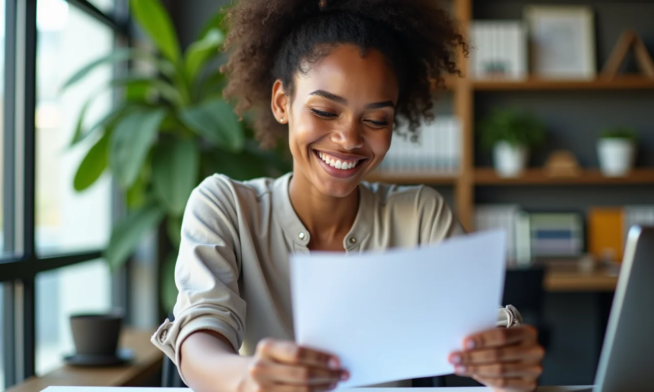 Pesquisadora sorrindo ao ler carta de aprovação de financiamento.