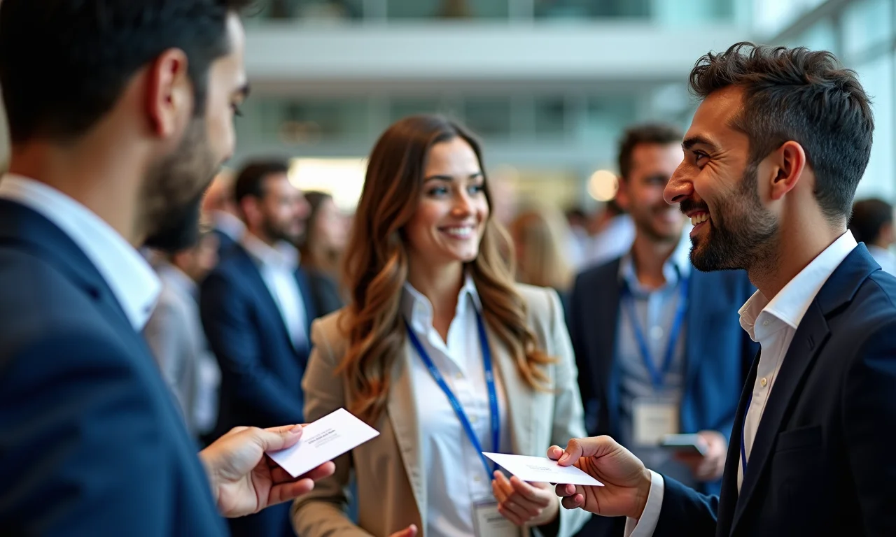 Pesquisadores trocando cartões de visita em conferência científica.