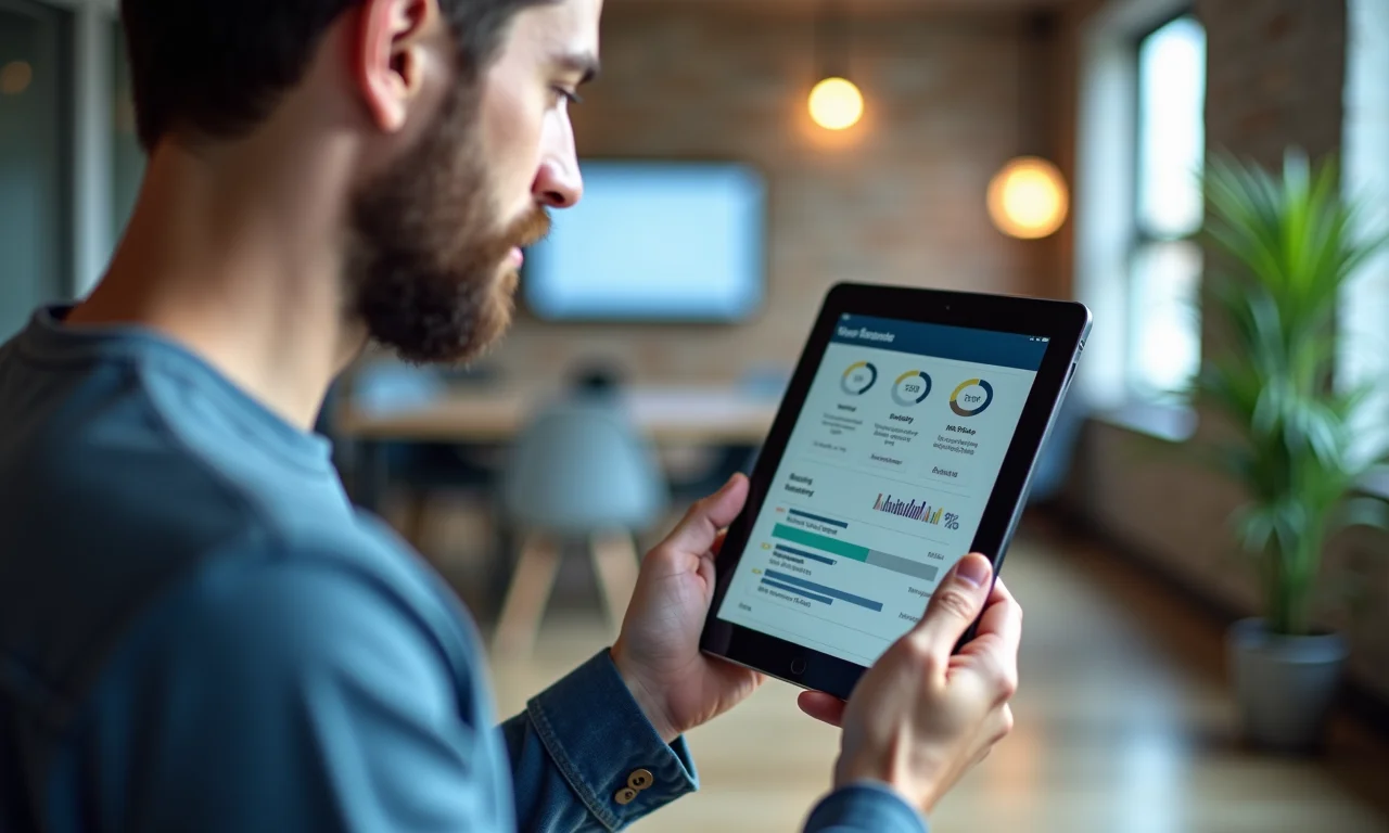 Pessoa analisando opções de canais de denúncia em um tablet, com um escritório moderno ao fundo.