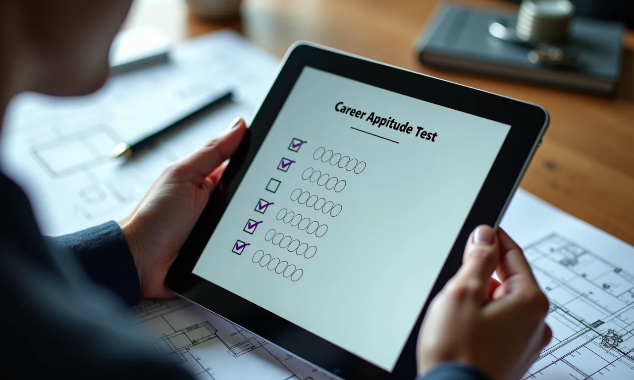 Pessoa faz teste vocacional para engenharia civil em tablet.