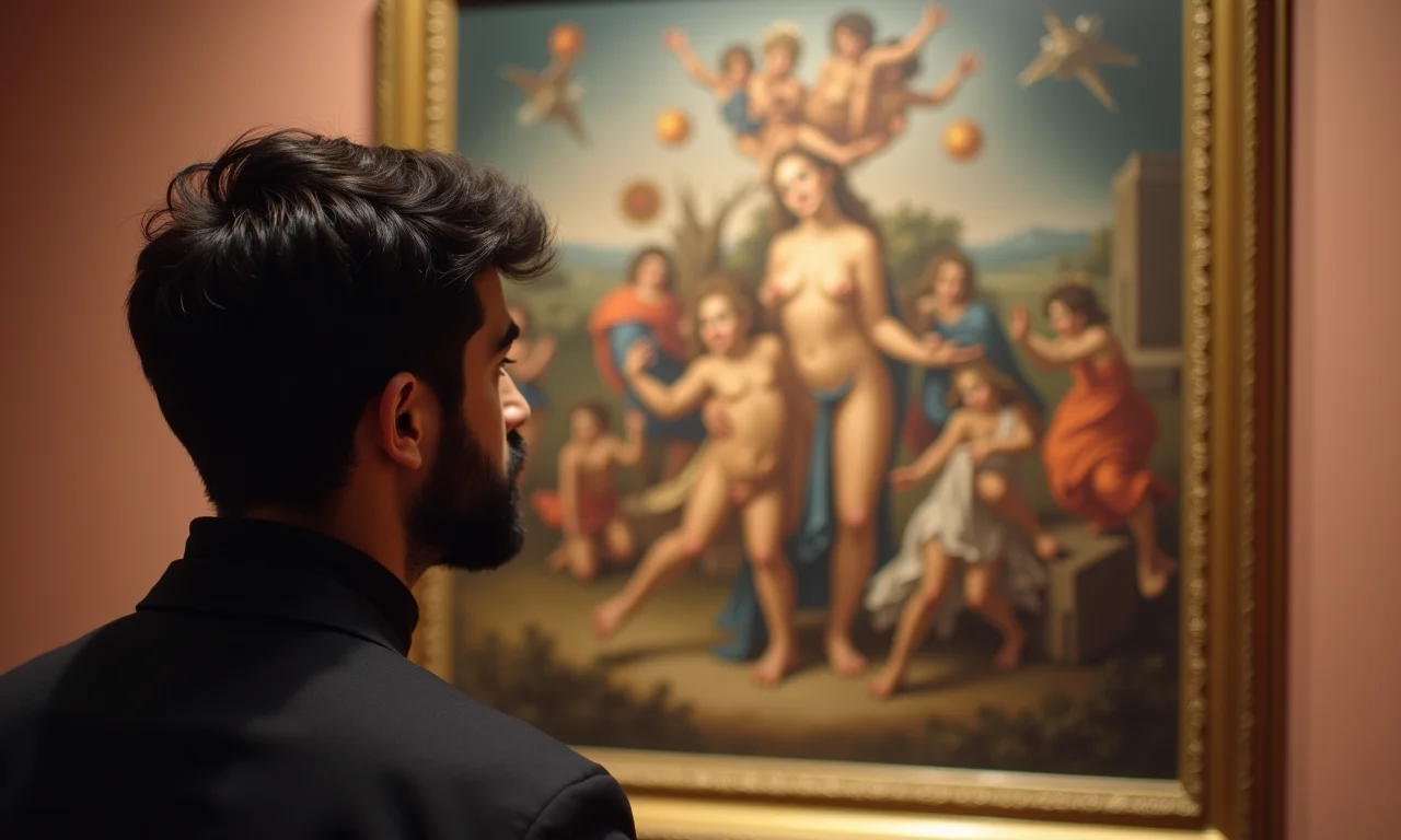 Pessoa observando obra de arte complexa, refletindo sobre o significado e o processo de pensamento.