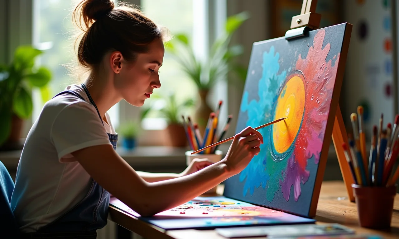 Pessoa pintando uma obra de arte abstrata e colorida, expressando a criatividade.