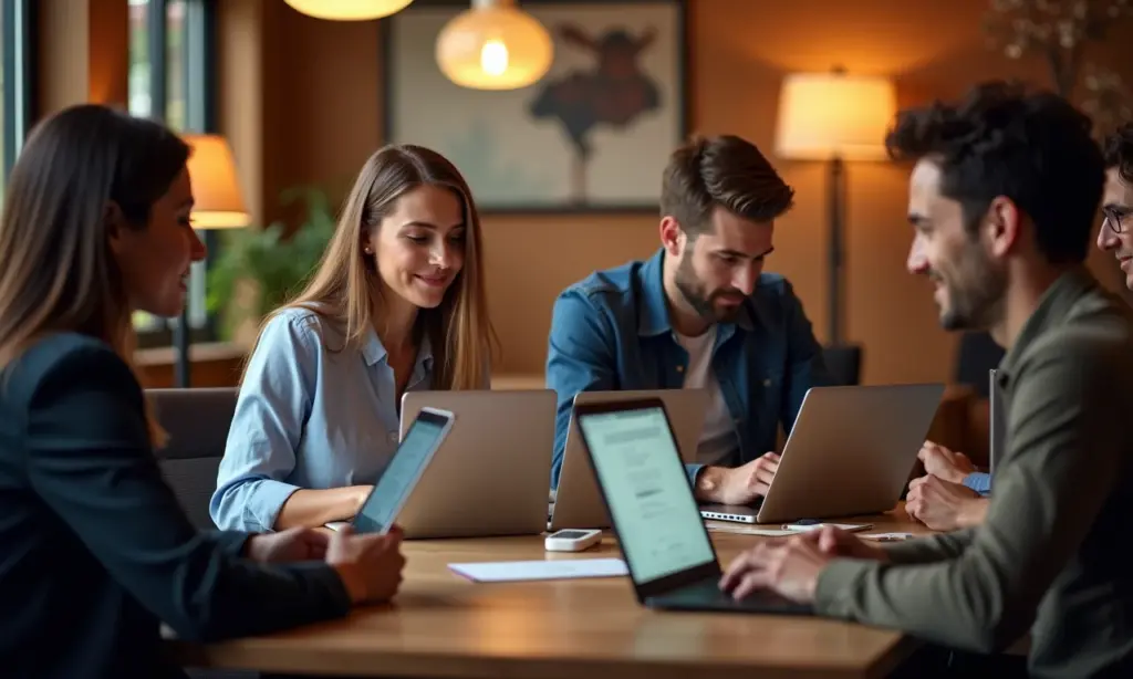 Pessoas diversas em videoconferência, representando networking online eficaz.