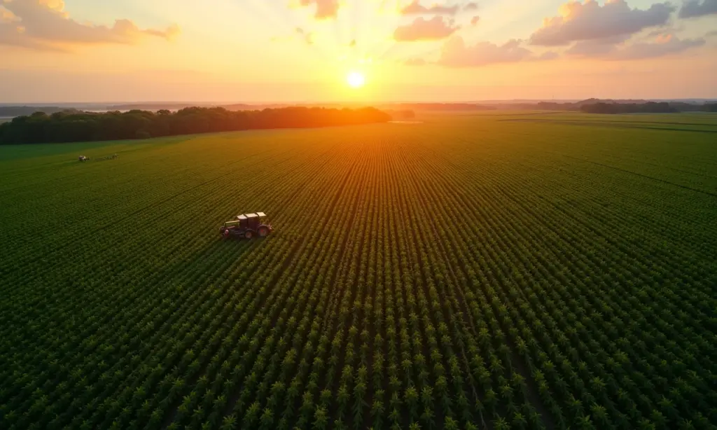 Plantação de soja no Brasil ao pôr do sol com maquinário agrícola moderno.