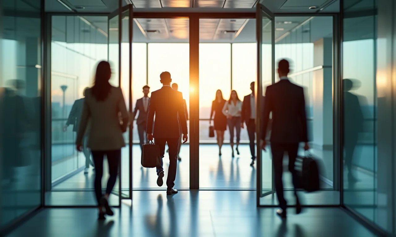 Porta giratória com pessoas entrando e saindo, simbolizando alta rotatividade.