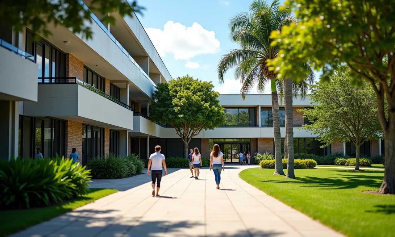 Prédio de universidade brasileira com estudantes.