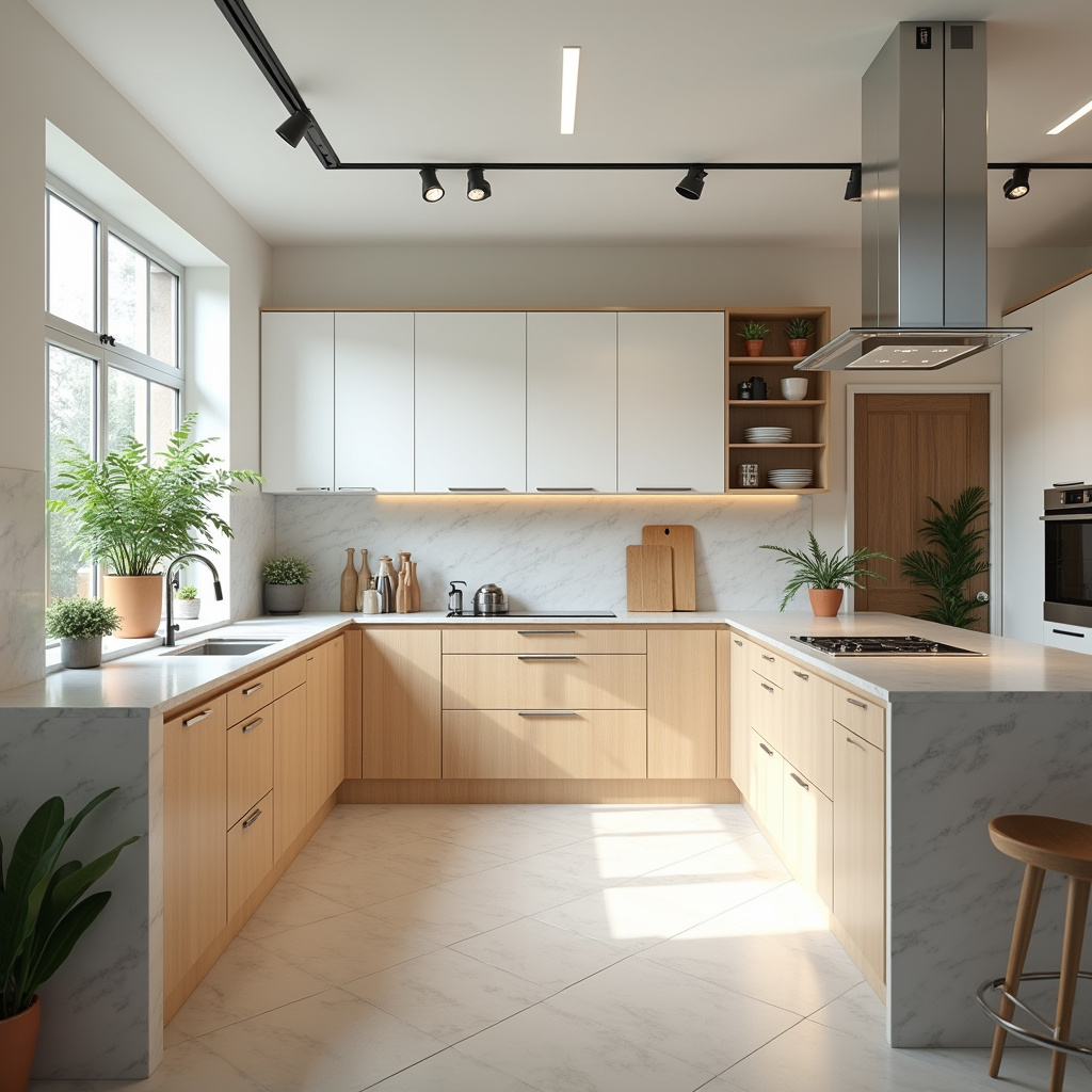 Professional photography of a bright, modern kitchen showroom featuring diverse kitchen cabinet Showroom de loja de móveis de cozinha com diversos estilos.