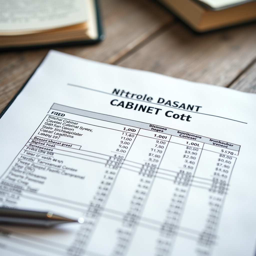 Professional photography of a detailed spreadsheet showing fixed and variable costs for a kitchen Planilha detalhada com custos fixos e variáveis de empresa de móveis de cozinha.