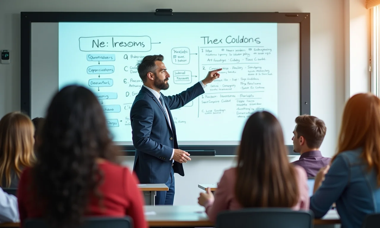 Professor explicando conceitos teológicos em lousa interativa para alunos diversos.