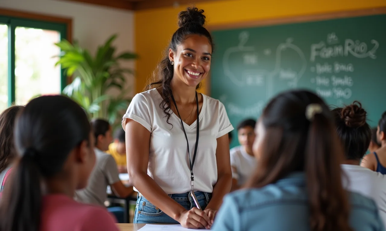 Professora brasileira sorrindo em sala de aula com alunos diversos.