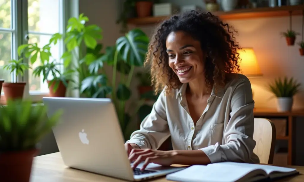 Professor Particular Autônomo Tem Direitos Trabalhistas Professora particular sorrindo enquanto ensina online de seu apartamento colorido.