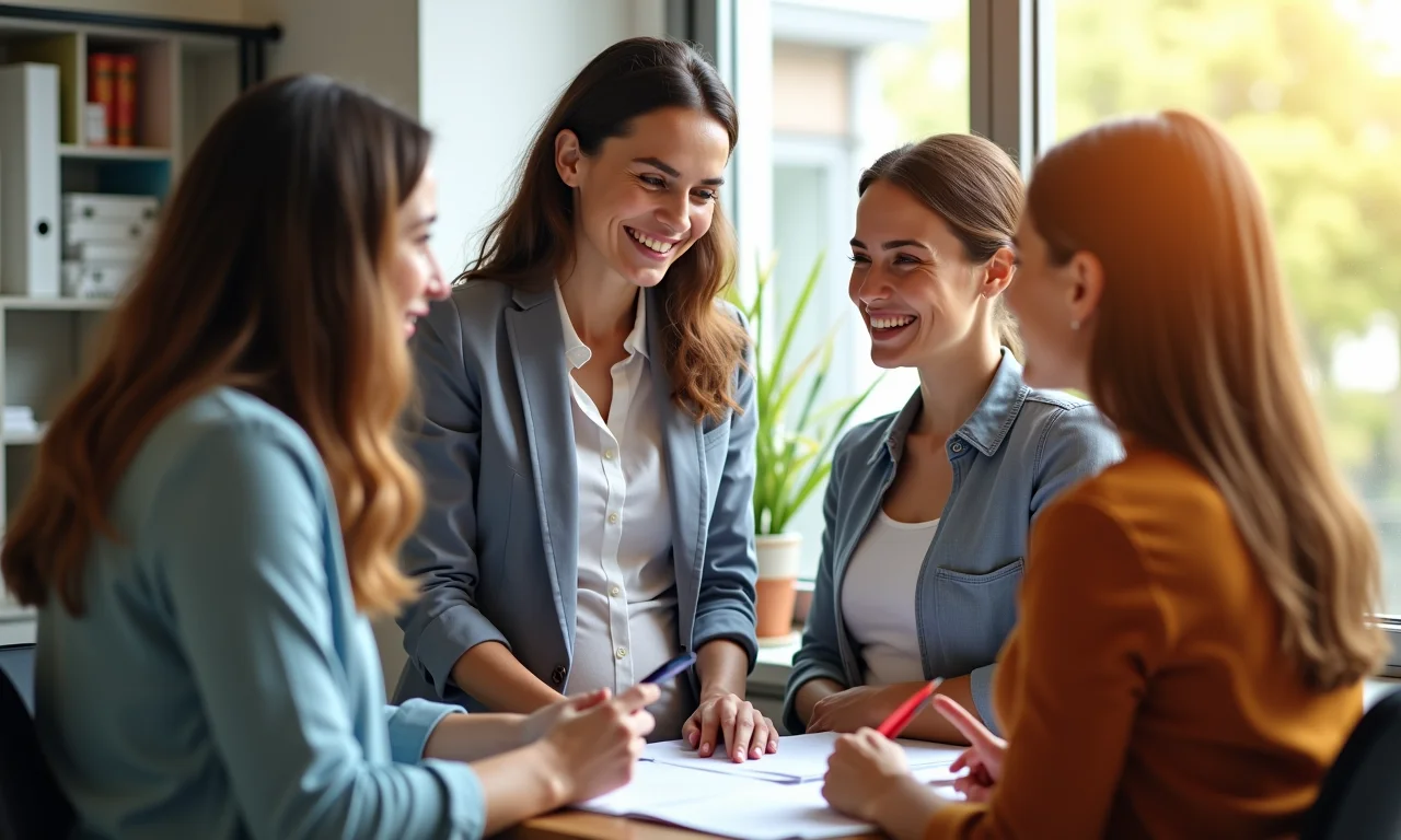 Professora recebendo apoio de colegas durante licença-maternidade.