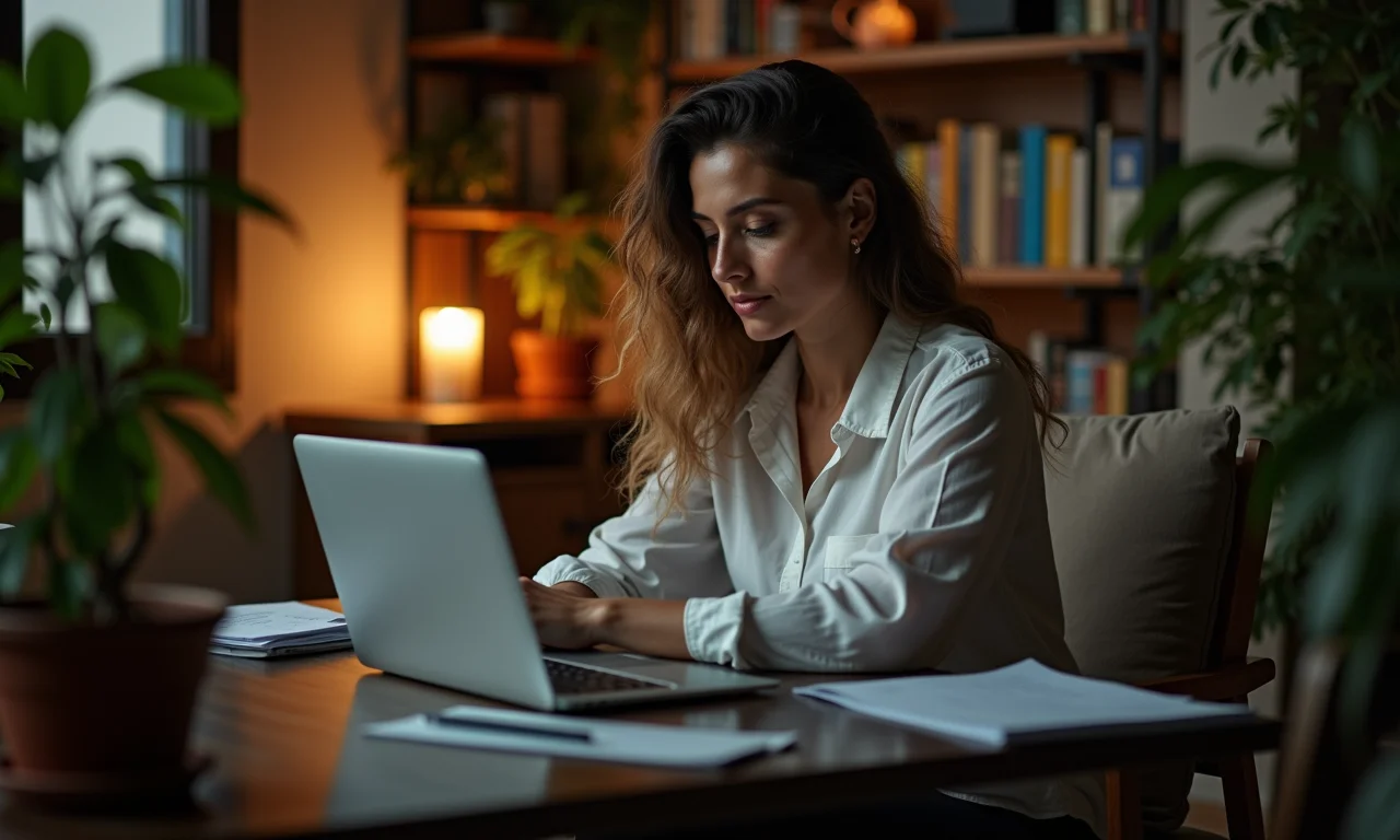 Professora revisando planos de aula em casa à noite, equilibrando vida profissional e pessoal.