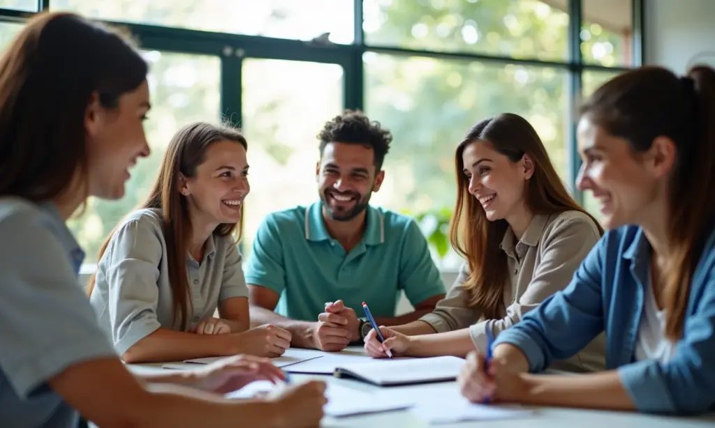 Direitos Trabalhistas Específicos dos Professores Que Você Precisa Saber Professores diversos colaborando em escola brasileira moderna, representando direitos trabalhistas.