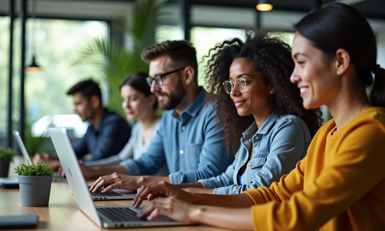 Profissionais analisando currículos em um ambiente de trabalho colaborativo.