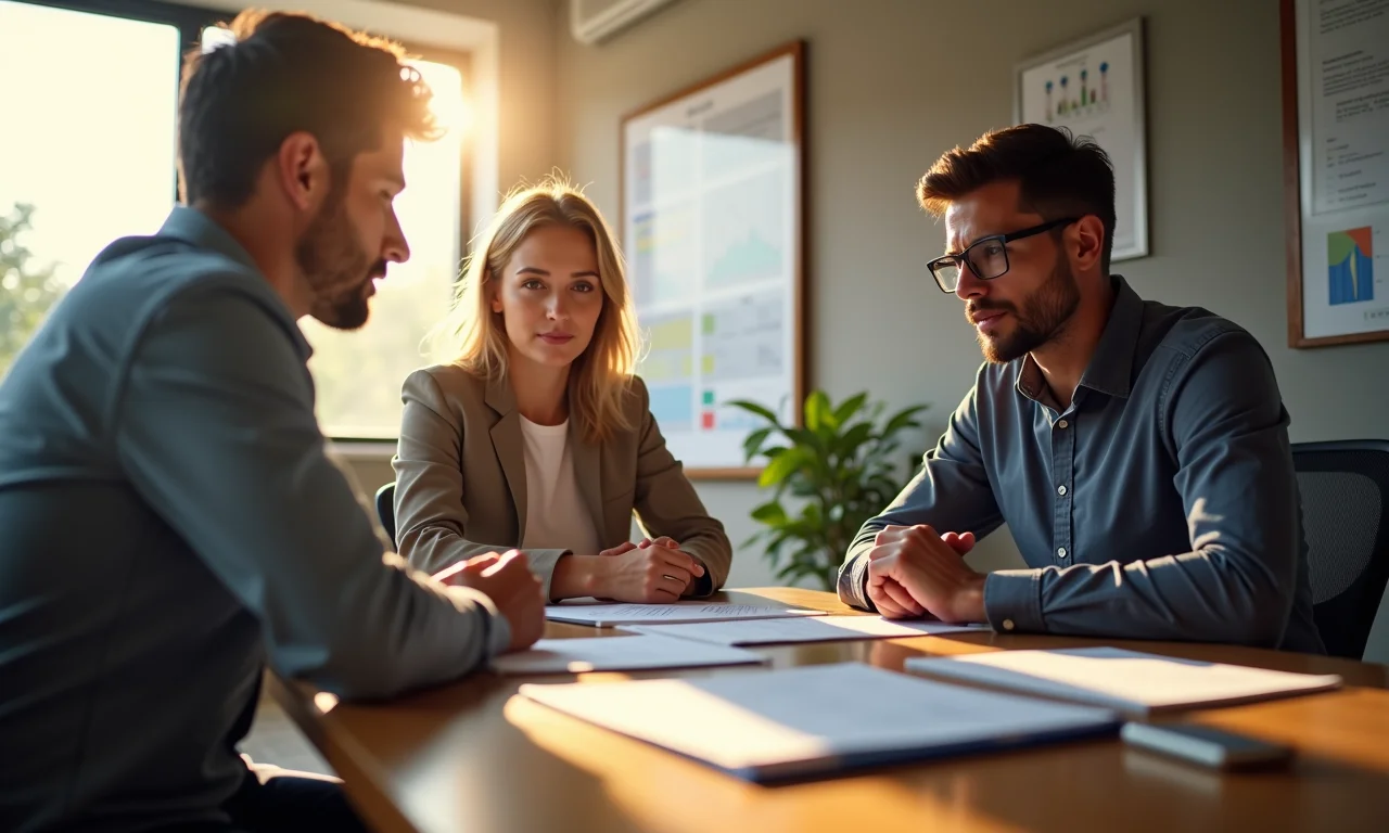 Profissionais brasileiros debatendo os prós e contras de um contrato de trabalho em reunião.